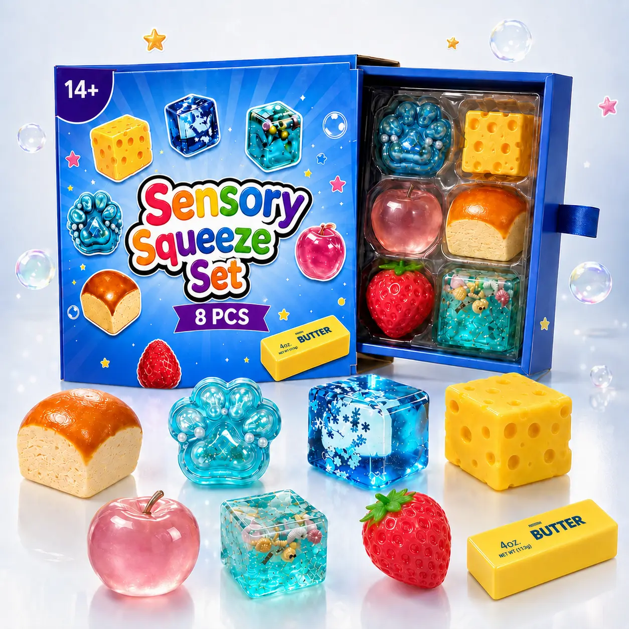 [Dealsforyou] 8-Piece Assorted Squishy Toy Gift Box, Soft TPR & PU Stress Ball Squishy, Stress Relief Fidget & Decompression Squeeze Set, Cute Desk Toys, Party Favors