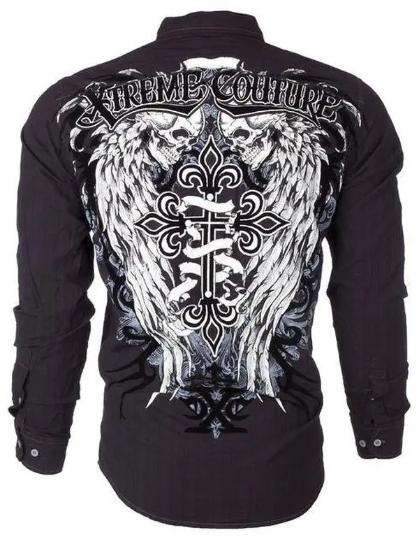 Xtreme Couture Affliction Men's Kings Fall Casual 100% Cotton Longsleeve Button Up Graphic Shirt - Cross Print, Menswear Top, Check Sizing Chart, M/2X, Button Up Shirt, Refer To Sizing Chart, Button Down