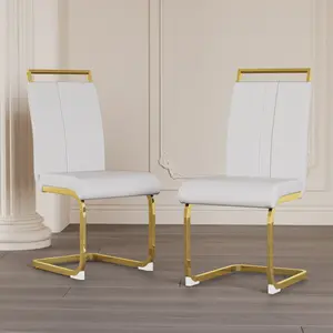 Modern Dining Chairs, PU Faux Leather High Back Upholstered Side Chair with C-shaped Tube. Plating Golden Metal Legs for Dining Room Kitchen Vanity Patio Club Guest Office Chair (Set of 2)