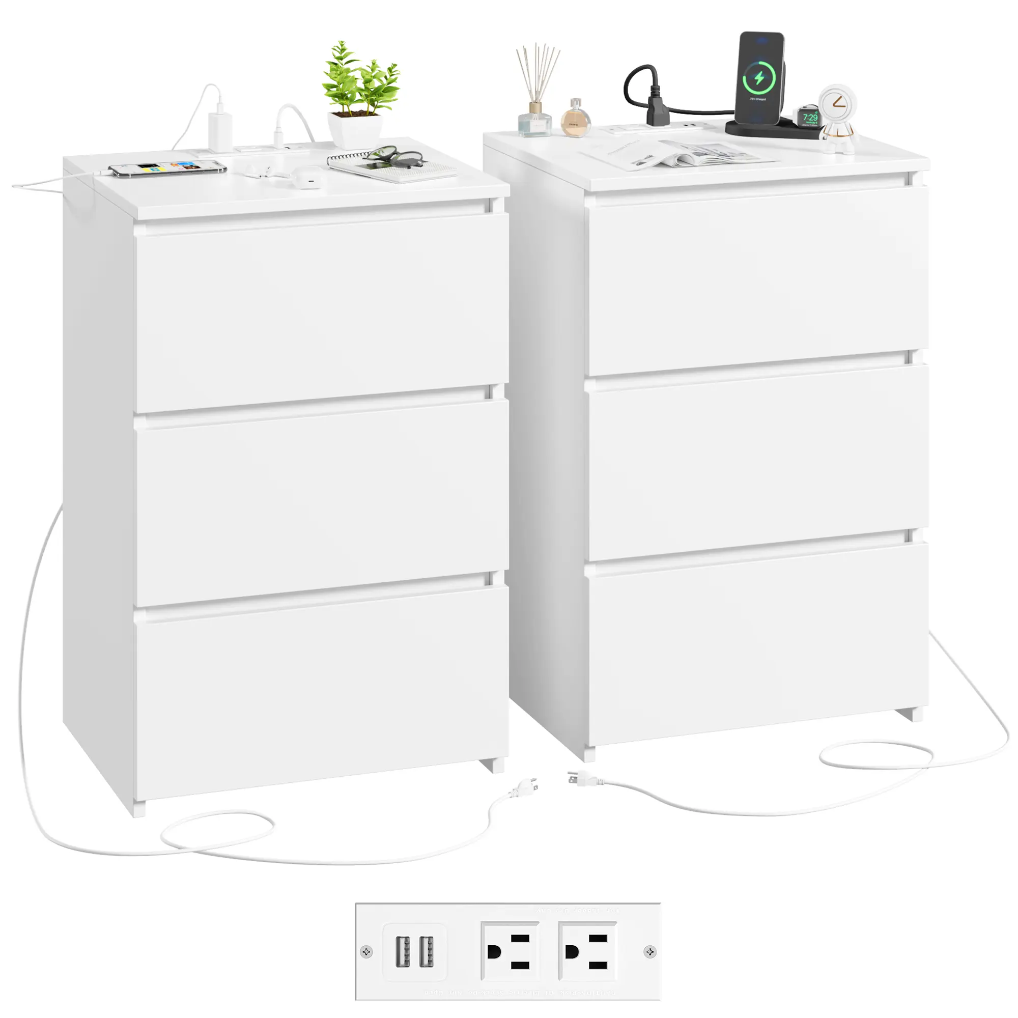 #Summervibes FOTOSOK Nightstand Set of 2, Nightstad with Charging Station, White Nightstand with 3 Drawers, Nightstand with USB Ports, Power Outlets, Silent Slides, Wooden End Side Table Bedside Table for Bedroom, 2 Pcs