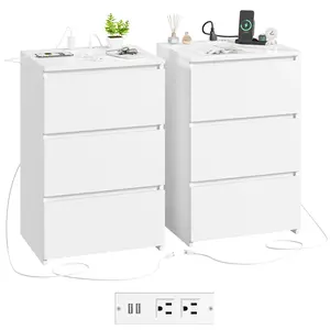 FOTOSOK Nightstand Set of 2, Nightstad with Charging Station, White Nightstand with 3 Drawers, Nightstand with USB Ports, Power Outlets, Silent Slides, Wooden End Side Table Bedside Table for Bedroom, 2 Pcs