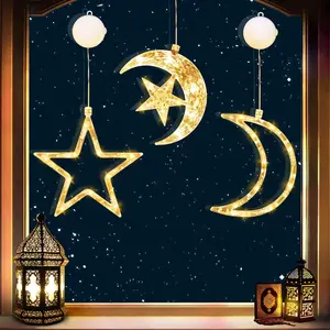 3pcs LED Moon Star Window Light Set - Battery Operated, Ramadan Decorations, Eid al Fitr Mubarak, Battery Powered with Suction Cup, Freestanding, Plastic(No Batteries