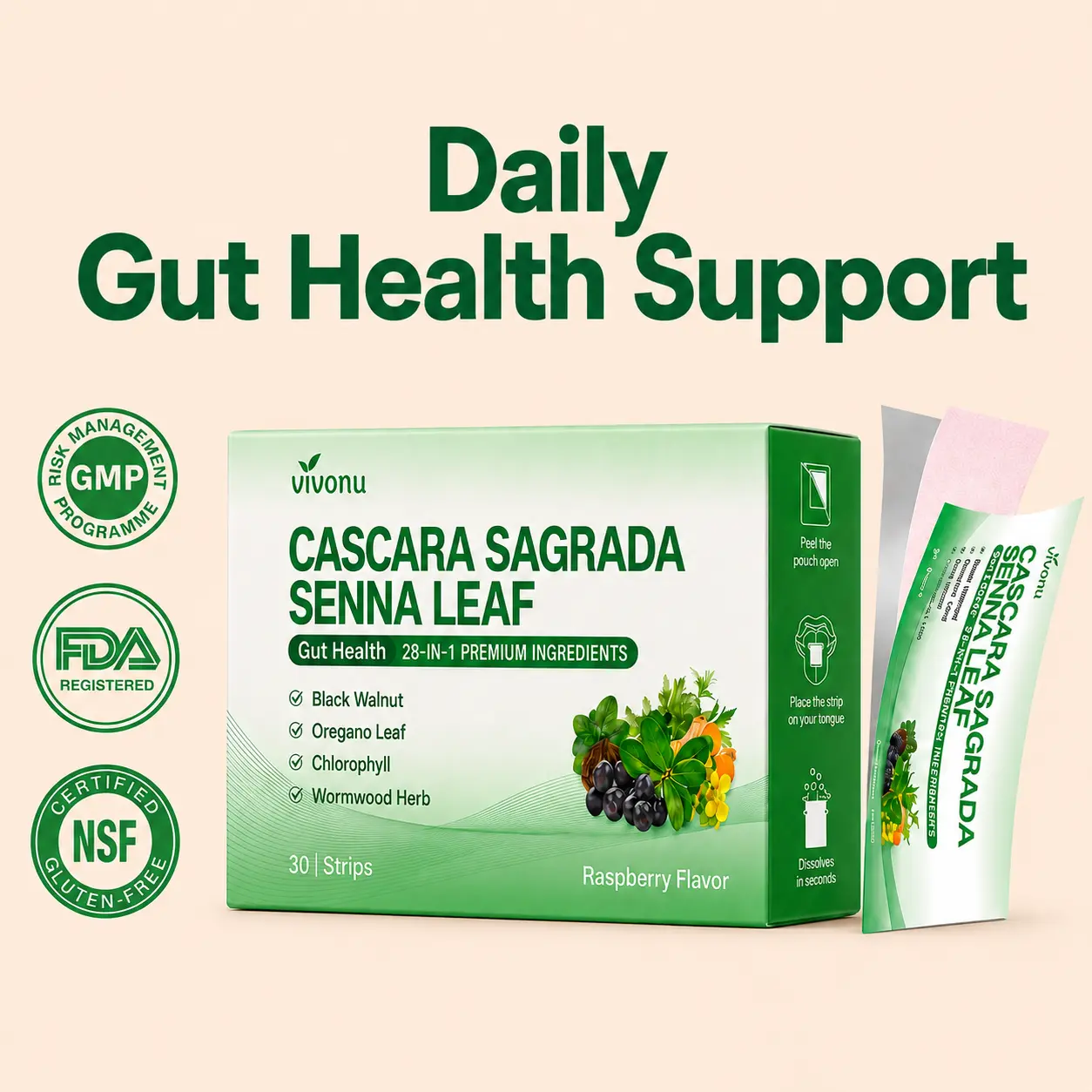 VivoNu SENNA LEAF Direct Dissolve Strips, Plant-Based Herbal Detox, Support for Bloating & Regularity | Senna, Oregano Leaf, Black Walnut & Chlorophyll, Pure Gut Detox SummerVibes