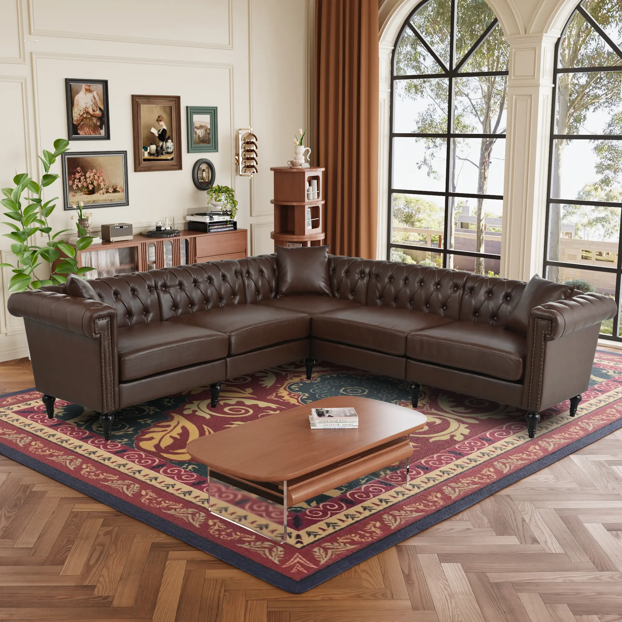 Dark Brown PU Leather L-Shaped Reversible Chesterfield Sectional Sofa Couch, 5-Seat Tufted Sofa with Rolled Arms, Nailhead Trim, Modern Classic Indoor Living Room Furniture, Sofa Sectional Couch
