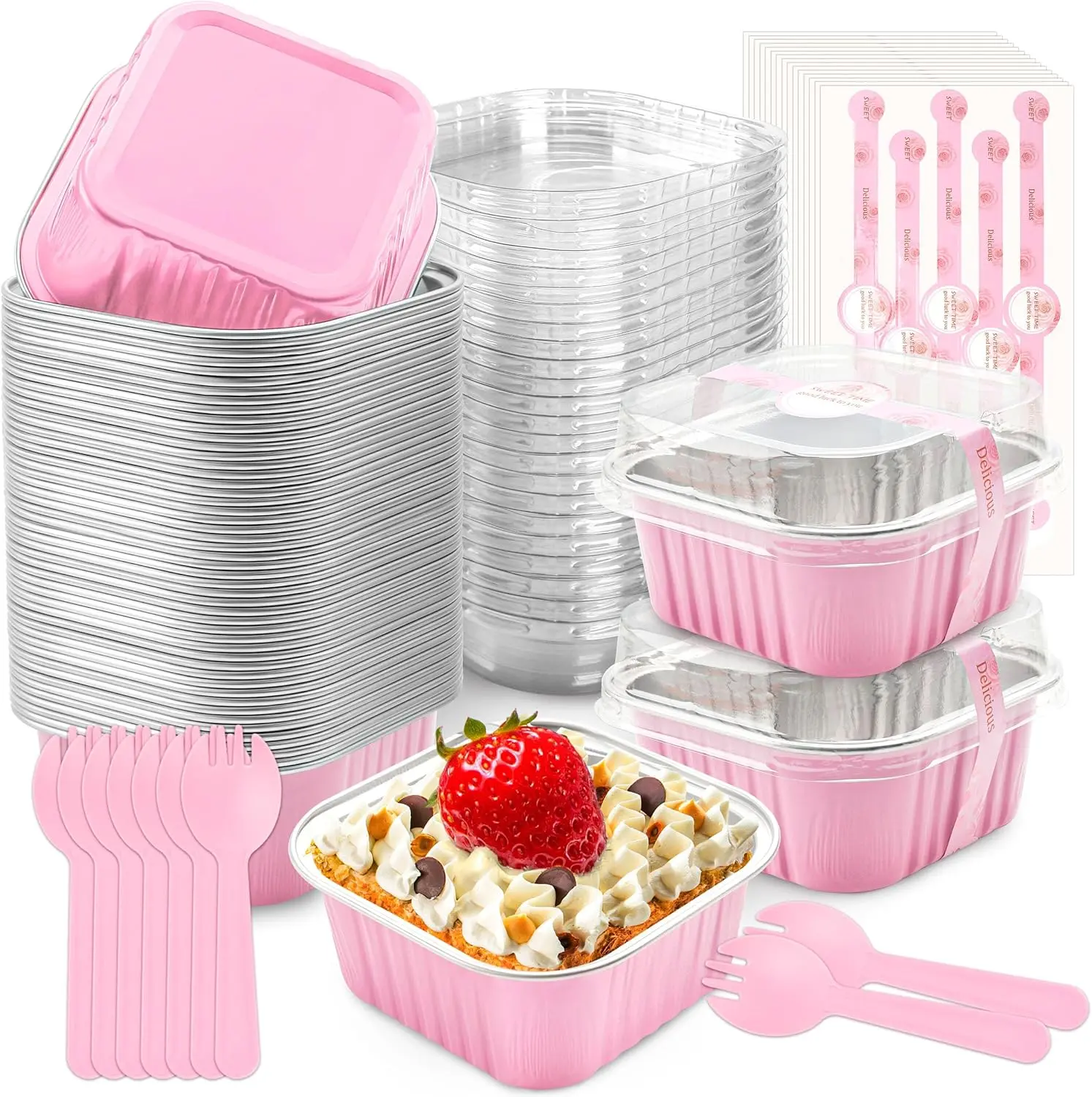 5 oz Square Shape Disposable Aluminum Foil Mini Loaf Pans Set (30 Pcs) - Oven-Safe Bakeware with Lids, Utensils for Cake, Desserts, Birthday Home Baking Supplies, Mother's Day