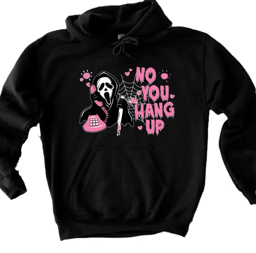 No You Hang Up Halloween Hoodie, Ghostface Graphic Hoodie, Unisex Horror Movie Pullover, Cozy Spooky Season Streetwear, Gothic Fashion Top, Womenswear Top, Menswear Top