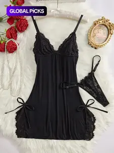 Women's Bow Decor Contrast Lace Cami Fitted Knit Nightdress & Thong Set, Comfy Soft Sexy Lingerie for All Seasons, Fashion Ladies Sleepwear & Homewear Loungewear
