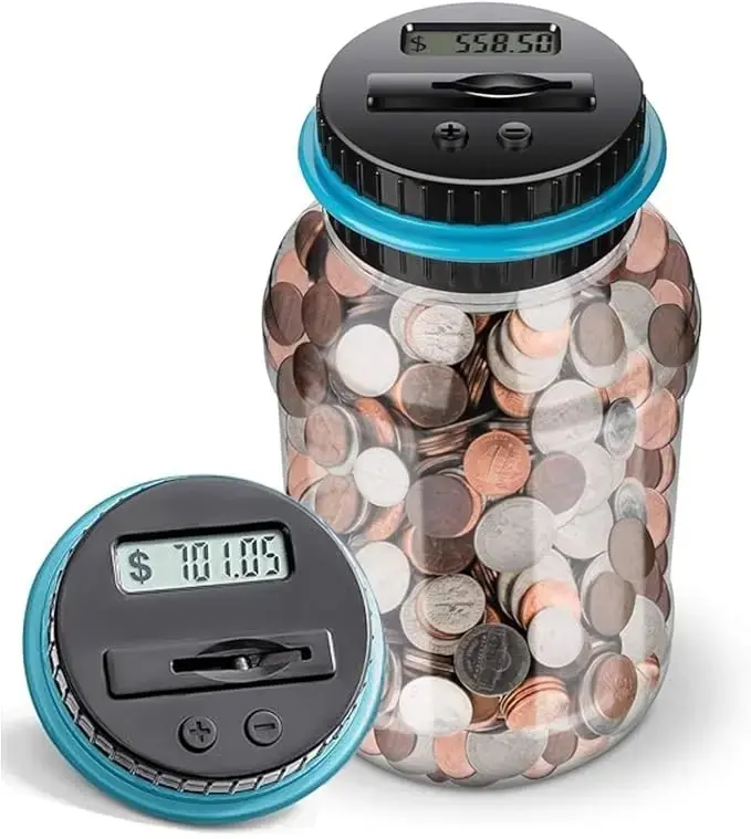 Large Piggy Bank for Boys Adults, Vcertcpl Digital Coin Counting Bank with LCD Counter, 1.8L Capacity Coin Bank Money Jar for Adults, Designed for All US Coins (Blue)