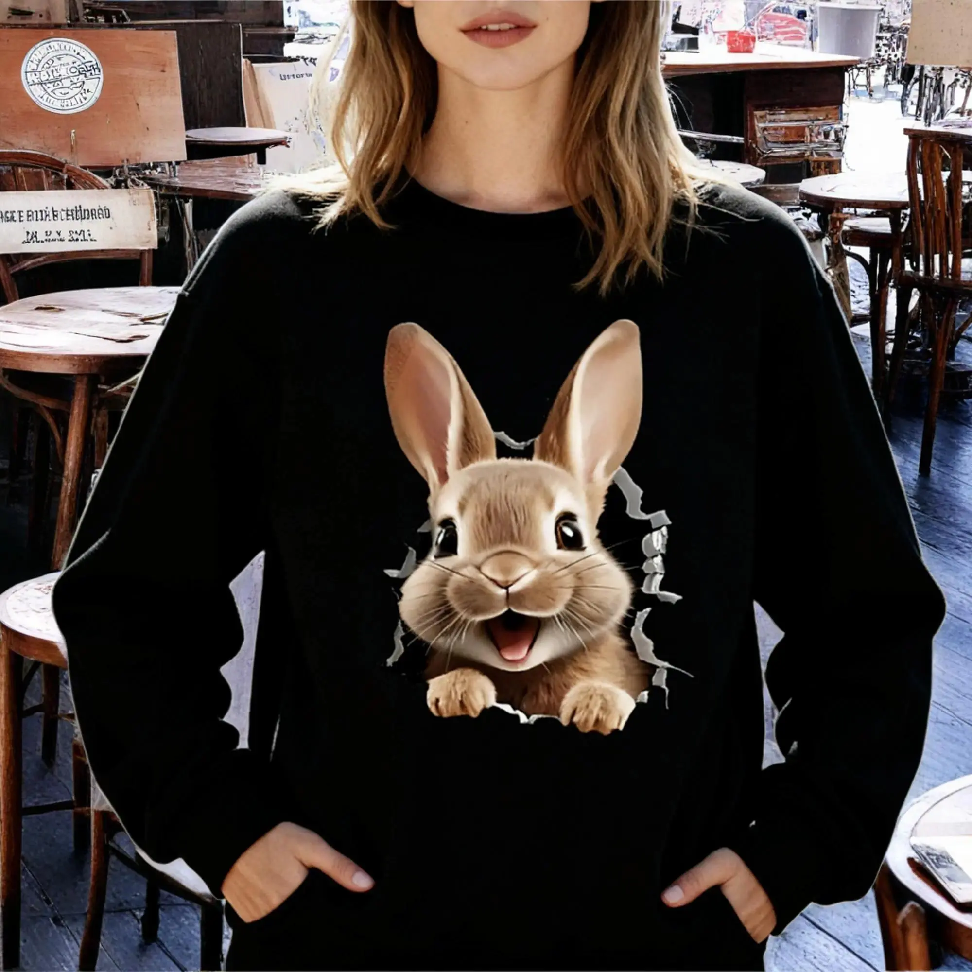 Women's 3D Easter Bunny Cracked Wall Graphic Long Sleeve Tee - Soft Round Neck, Comfortable Lightweight Cotton Fabric, Fitted Casual Fall Winter Machine-Washable Sweatshirt