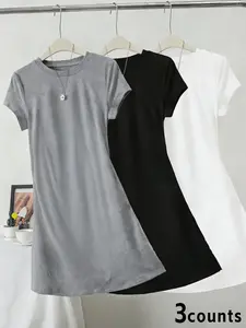 3 PCS Basic Solid Color T-Shirt Dresses for Women, Y2K Aesthetic Short Sleeve Slim Fit A-Line Mini Dresses,Perfect for Daily Wear, School, Shopping, Date Night, Versatile Street Style for Teen Girls, Gen Z Fashion Lovers