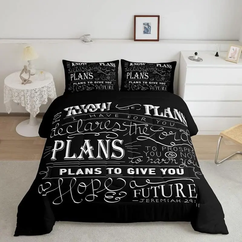 Feelyou Queen Size Christian Jeremiah Bible Verse Digital Print Soft Microfiber Black Duvet Set - 2 Pillow Cases, Breathable, Modern, Smooth Texture, Multi-Size Bedroom Bedding Set
