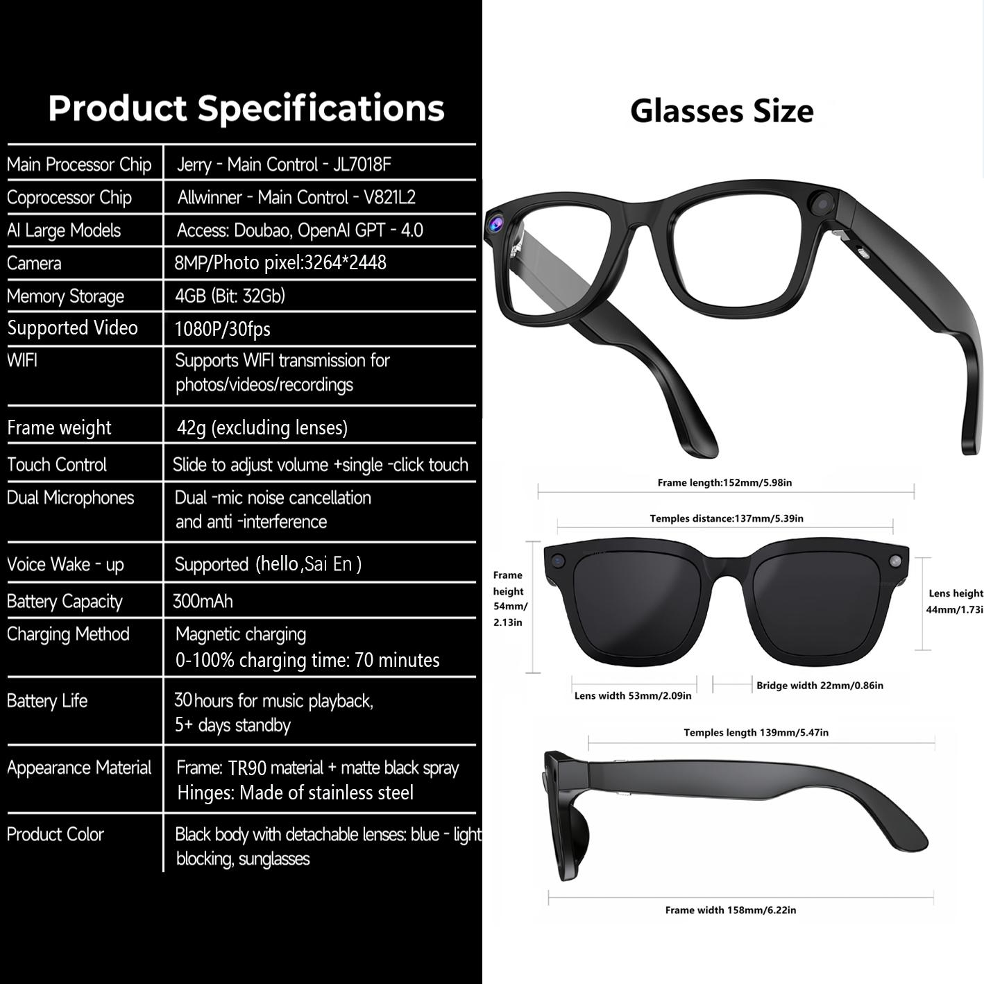 Multifunctional  Smart AI Camera Glasses with 8MP Lenses, Touch-Button Adjustment for Travel & Outdoor , Hands-Free Photography, 140+ Languages Real-Time Translation, Bluetooth Music, Wearable Video Recording, UV Protection