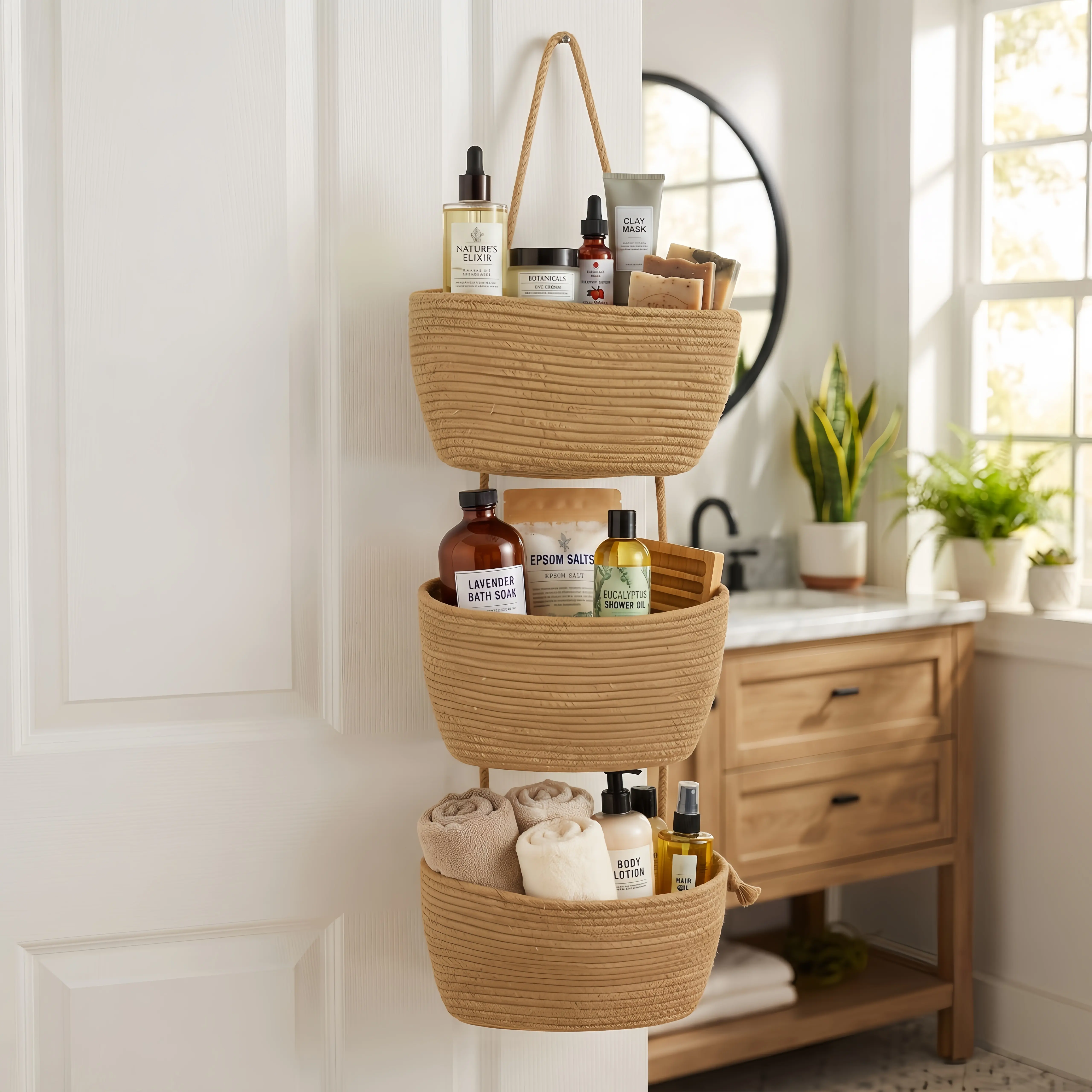 Dahey 3-Tier Boho Jute & White Woven Over-The-Door Hanging Basket with Hooks - Home Organizer for Bedroom Decor, House Decor, Bathroom Storage, Boho Woven Look Door Upgrades, Pantry Organization