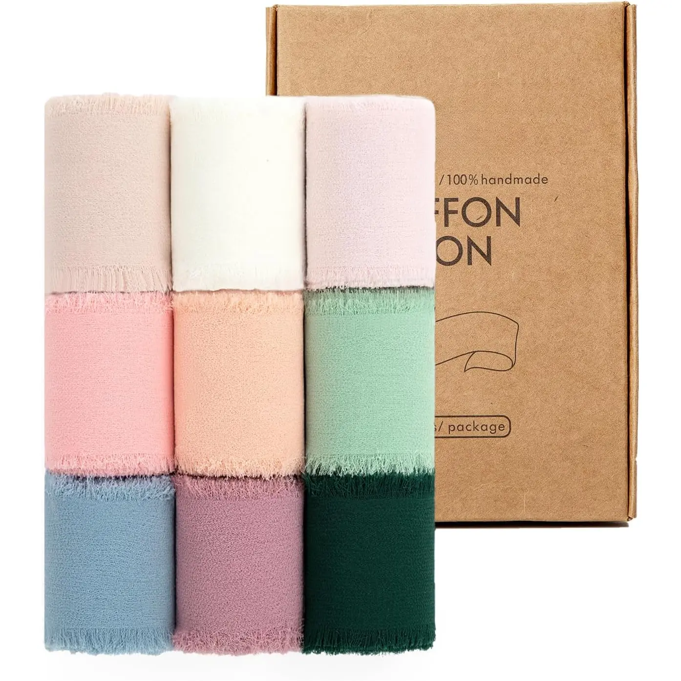 9 Rolls Multicolour Handmade Chiffon Ribbon,1.5" x 21Yd Frayed Fringe Silk Ribbons (9 Rolls *2.3Yd) for Gifts Wrapping, Wedding Invitations, Bridal Bouquets, Decorations