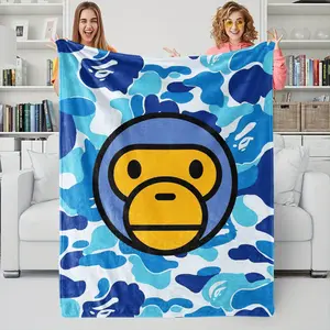 BAPE Baby Milo Blue Camo Flannel Sofa Bed Blanket, Blue-White Camouflage & Super Large Cartoon Monkey Plush Blanket, Soft Silky & Thick, Indoor Outdoor Use, Home Decor, Gift for Fans, Decorative Giftable Blankets