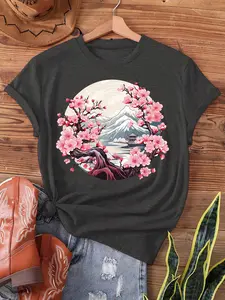 Women's Steampunk Sakura T-Shirt, Japanese Aesthetic Print, Soft Polyester Crew Neck, Casual Spring & Summer Top