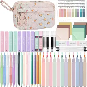 62 count Aesthetic School Supplies with Quilted Pencil Case, Pastel Highlighters, Gel Pens Mechanical Pencils Set, Cute  to School Supplies, College Essentials(Coloful Patchwork, M)