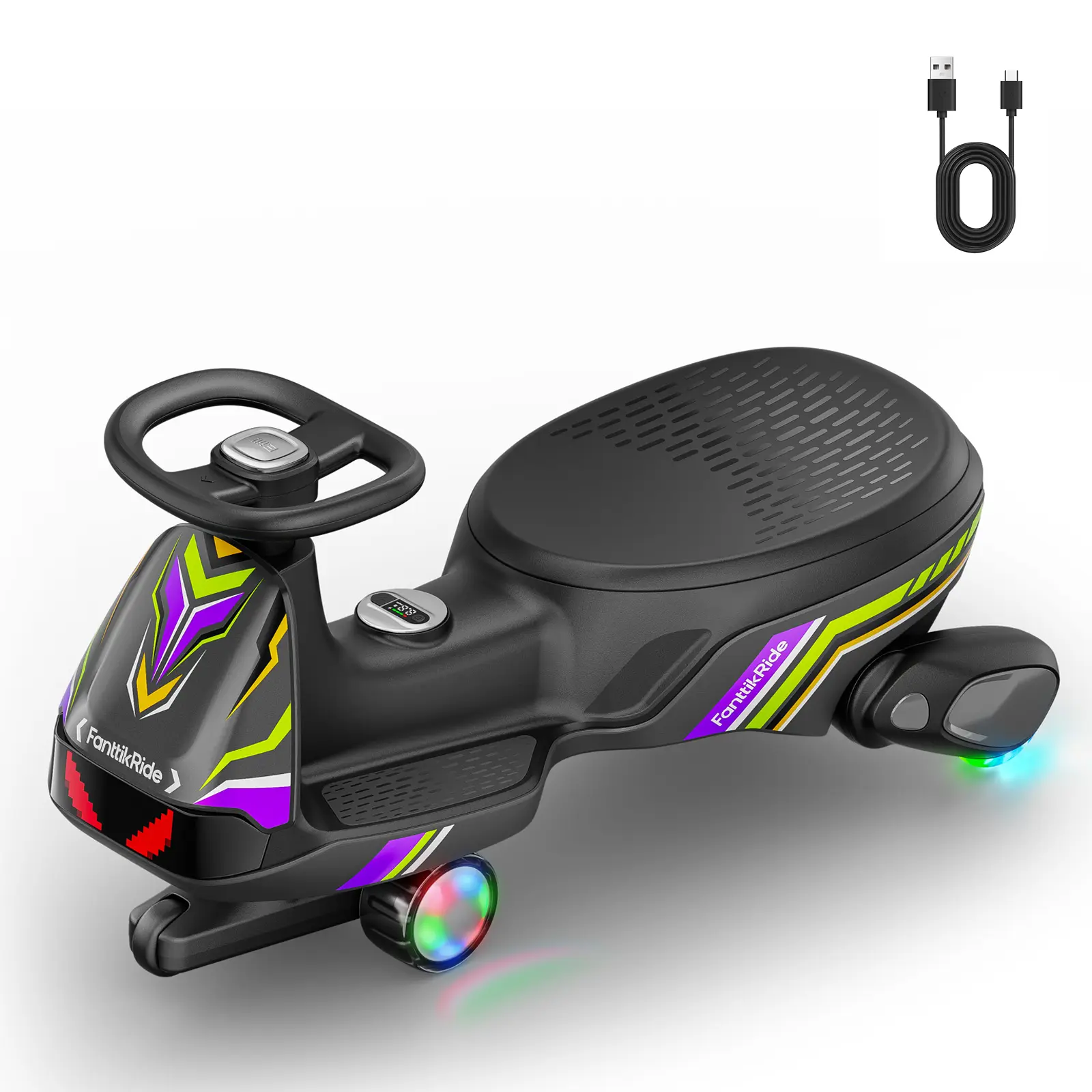 FanttikRide N10 Ultra+ Electric Wiggle Car, Pixel Headlight, App Control, Ultra-Quiet, USB-C Charging, Max 5 Mph, Kids Car with Bluetooth, Anti-Rollover, PixDrive, for Ages 3+, 150 Lbs, Unisex, 12 Months, 360-Degree Flexible Steering Wheel