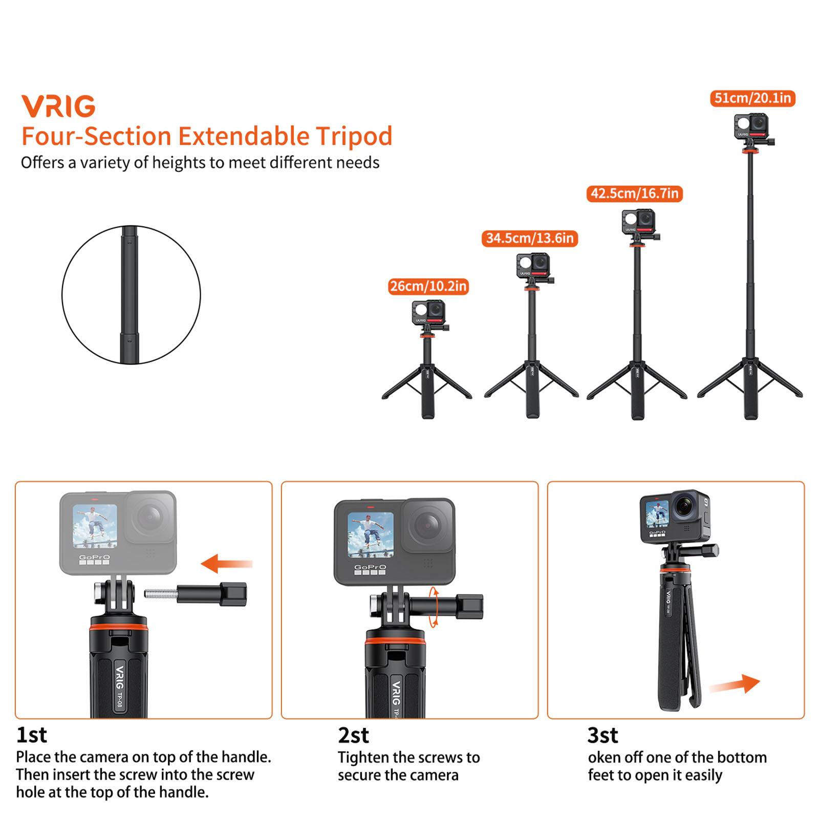 VRIG TP-08 Extendable Selfie Stick 20.1'' Tripod, for Insta360 X3 GoPro Accessory, for GoPro Max Hero 10 9 8 7 6 5 4, DJI Osmo Action, Insta 360 One R and More Action Camera