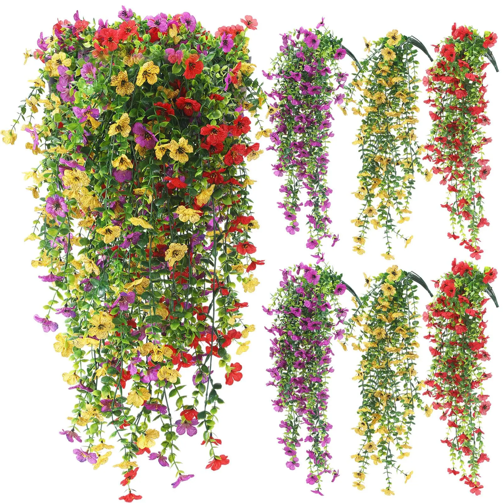 6 Pcs Thanksgiving Artificial Hanging Flowers Outdoor Silk Mum Plant Autumn Decor Faux Violet with Eucalyptus Realistic UV Resistant Trailing Vine Fall Porch Yard