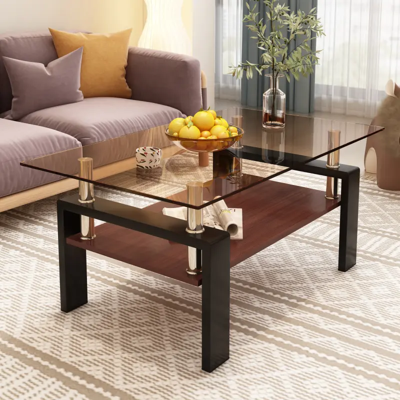 Rectangular Tempered Glass Top Coffee Table with MDF Layer Support, Office Suitable Indoor Living Room Center Table