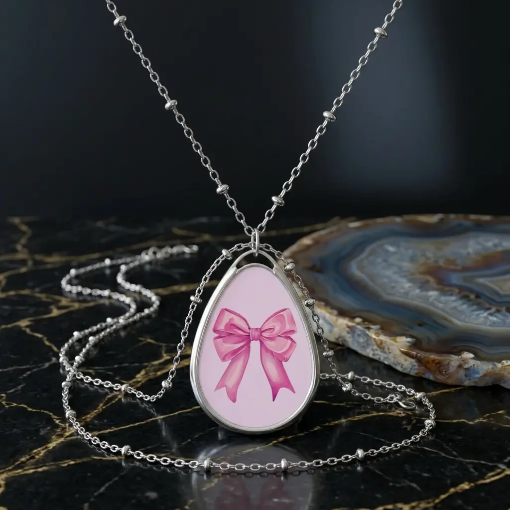 Pink Ribbon Bow Oval Necklace | Teardrop Pendant, Silver Chain