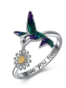 925 Sterling Silver Fashion Letter Design Flower & Bird Decorated Engraved Ring, Elegant Silver Ring for Women & Girls, Trendy All-match & Exquisite Jewelry