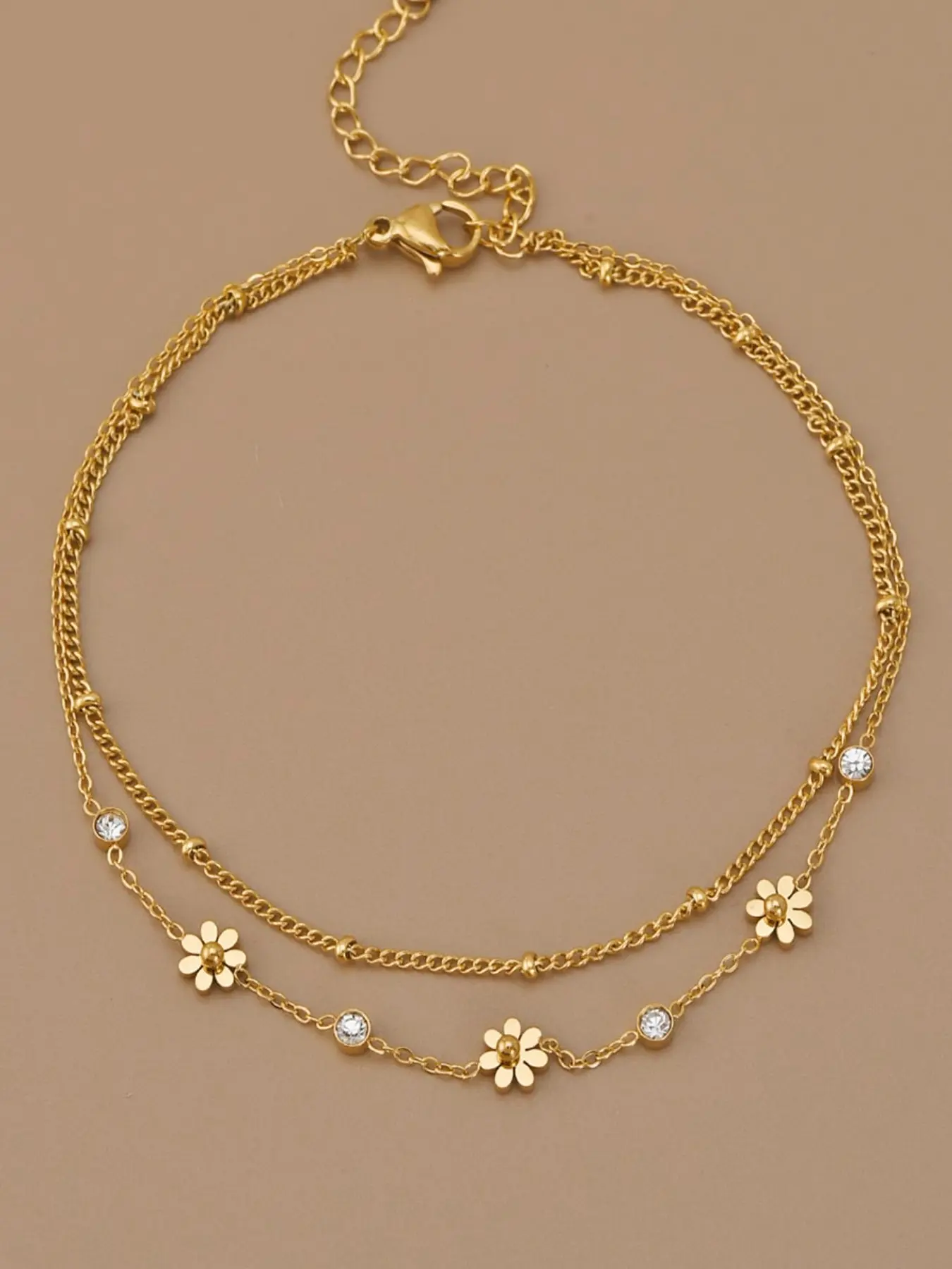 Gold Daisy Layered Design Boho Anklet for Women, Stainless Steel Double Chain Ankle Bracelet with Cubic Zirconia, Adjustable Fit Flower Foot Jewelry for Summer Beach Dainty Layered Anklet