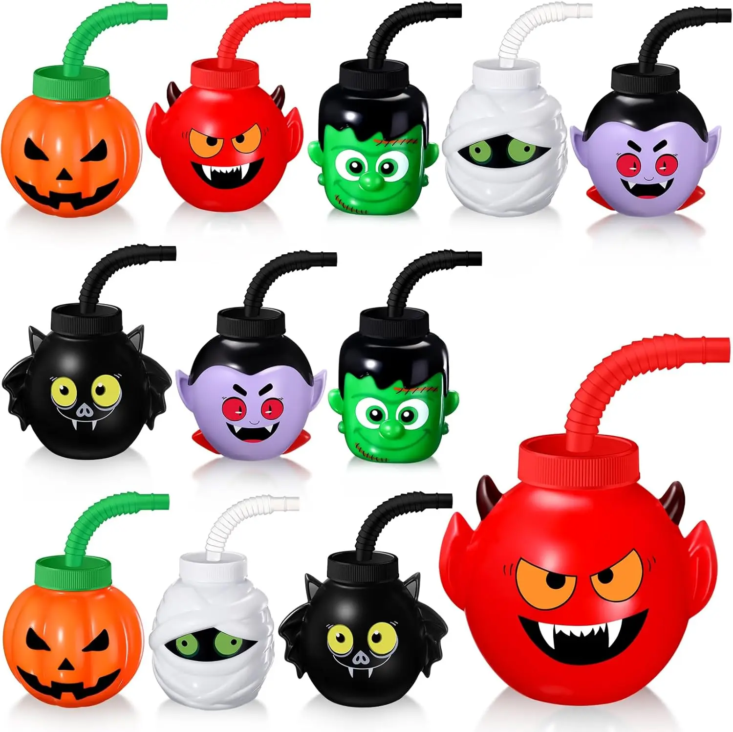 Halloween Fall Gift 12 Pcs Halloween Cup for Kids 10 oz Halloween Reusable Plastic Cup with Lid and Straw Mummy Green Giant Pumpkin Devil Vampire Bat Shapes for Gift Party Favor Supplies