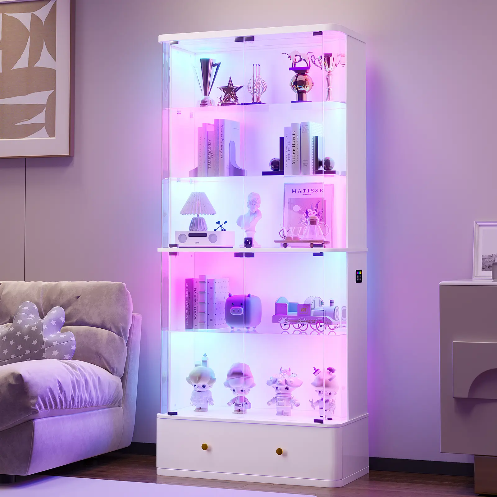 FREDEES 71 in Tall Rectangular Glass Display Cabinet with RGB Light, Lockable Standing Curio Cabinet with Storage Drawer, Easy-Assembly Case for Action Figures, Gaming Room Indoor Furniture Cupboard