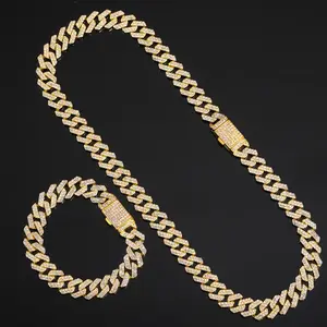 12MM Iced Out Faux Diamond Cuban Necklace +Bracelet for Men and Women Jewelry Gift for Rapper