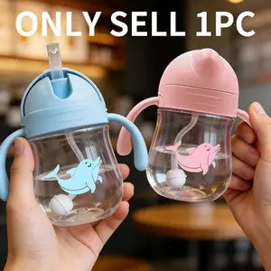 300ml/10oz Straw Cup with Gravity Ball,1 Count Anti-choking Handle Water Bottle, Baby's Cartoon Animal Design water bottle with Straw,Training Sippy Cup with Handle,Baby Drinking Bottle, Toddler Straw Cup, Valentine's Day&Christmas  Gift, Travel.