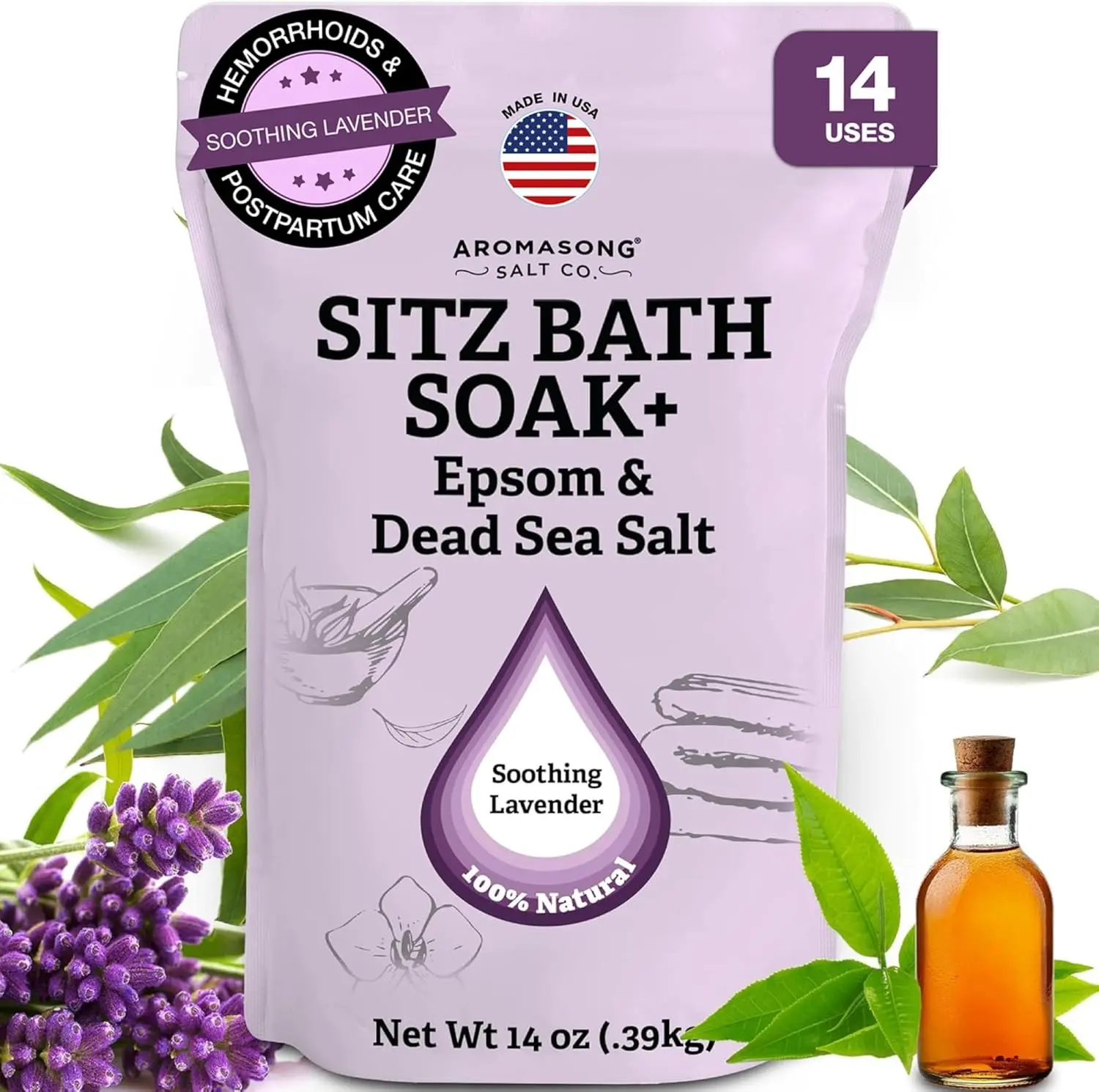 AROMASONG 500g Sitz Bath Soak - Soothing Body Care Cleansing Blend with Epsom Salt, Dead Sea Salt, Lavender Essential Oil for Postpartum Care