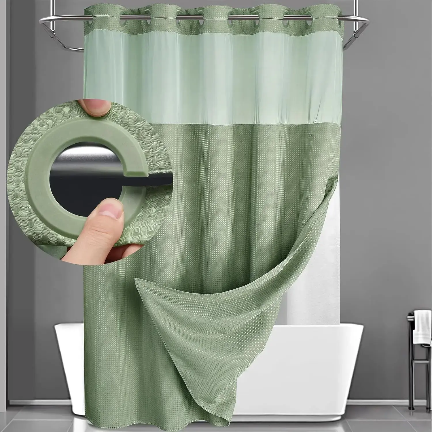 Wagonfly Hookless Double Layer Bathroom Shower Curtain (72x75 in Grey) - Hookless Bathroom Curtain with Snap-in Waterproof, Heat-Resistant Fabric Liner, Washable White Cloth Liner, Straight/Curved Hanging for Dorms, Hotels