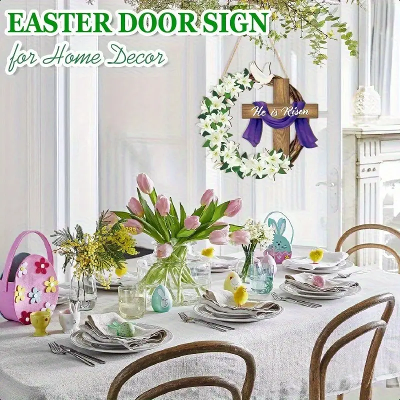 Resurrection Wooden Cross Wreath with Purple Fabric and White Lilies - Country Style Easter Decor, Durable Artificial Wood Indoor/Outdoor Religious Wall Hanging, Suitable for Front Doors, Porches, Spring Home - Christian Jesus Symbol