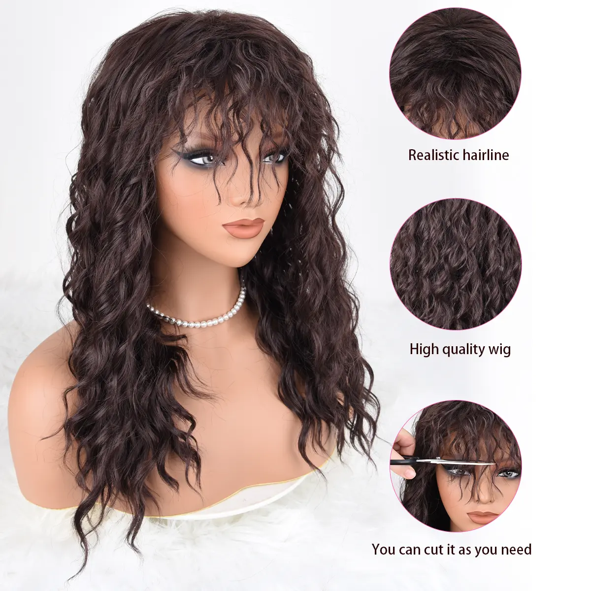 ZIHAN Women's Synthetic Full Machine Wig, 20-in Brown Fashion Fluffy Wig with Bangs, Heat-Resistant Deep Wave Curls, Realistic Illusion Hairline, Punk Style for Daily & Party Use, Fashion Fluffy Wigs summerwins,