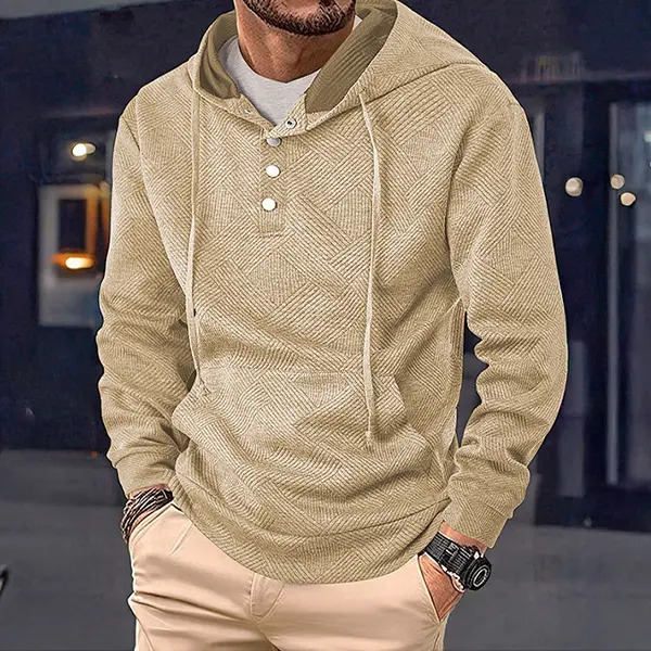 Men's beige textured pullover hoodie with buttons, kangaroo pocket, stylish & cozy, suitable for street style and everyday wear