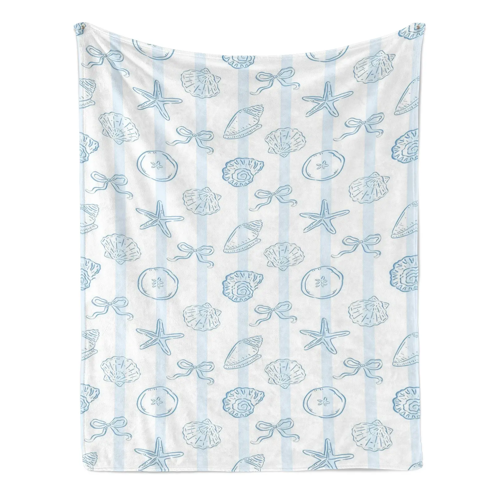 Coastal blue seashell starfish bow striped flannel blanket, nautical beach style, ultra-soft, comfortable and warm blanket, home decor gift, a must-have blanket for the family.