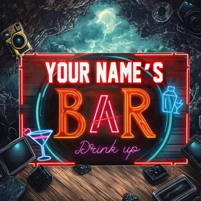 1pc Aluminum Non-Light-Up Custom Bar Sign - "YOUR NAME'S BAR" with "Drink up" Text, Retro Home Decor Plaque Ideal for Home Spaces
