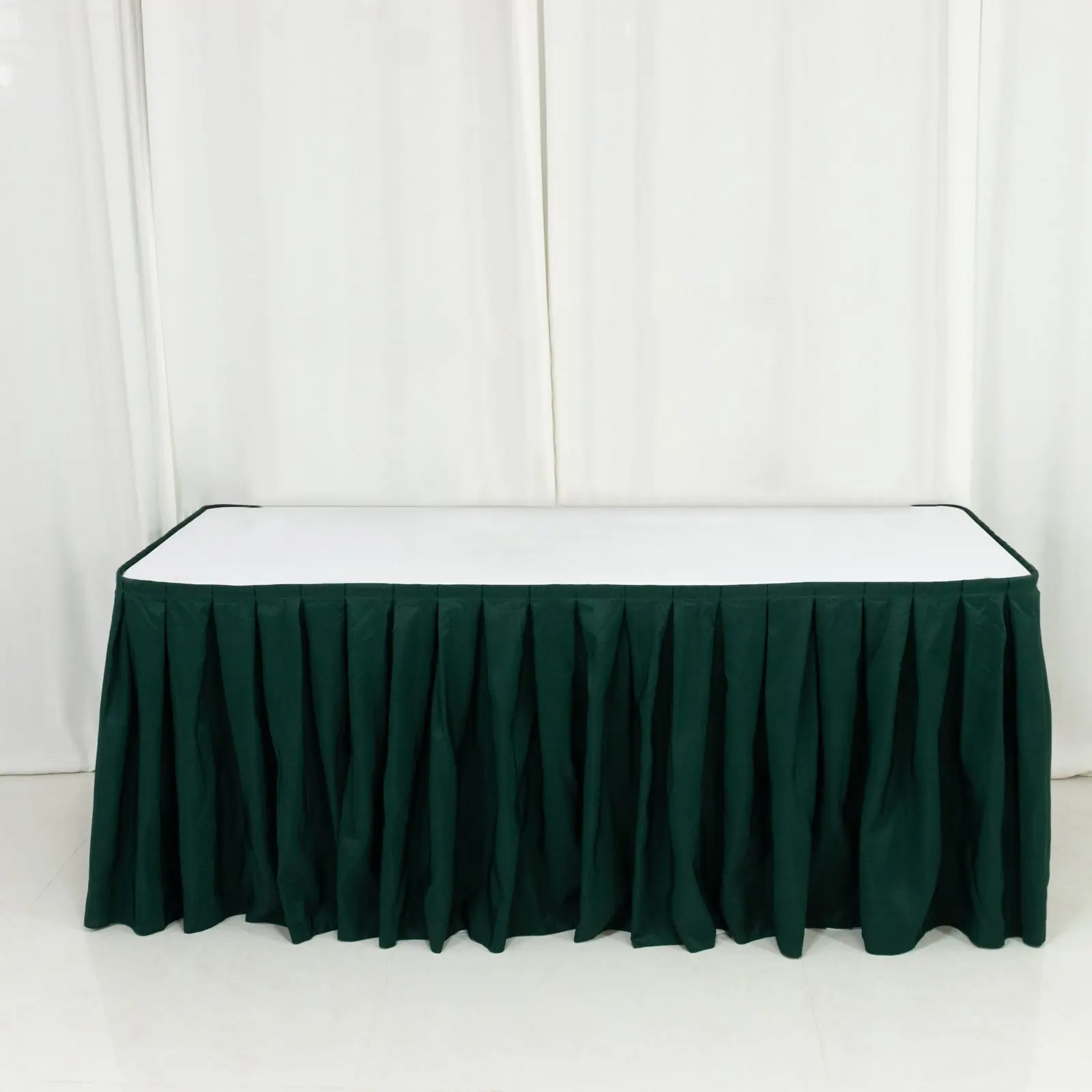 Elegant Pleated Polyester Rectangle Table Skirt, 14ft Hunter Emerald Green - Machine Washable Outdoor Table Cover for Birthday, Wedding Decor, Display