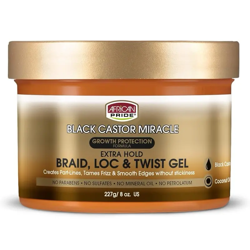 AFRICAN PRIDE BLACK CASTOR MIRACLE BRAID, LOC & TWIST GEL, 8OZ