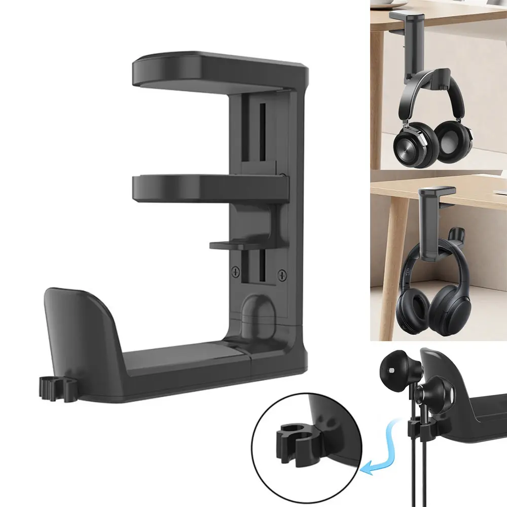 Aesthetic 360-Degree Rotating Rubber Headphone Stand - PC Game Headset Holder, Adjustable Clamp-On Under Desk Hanger with Cable Clip Organizer, Ideal Birthday Accessory for Audio Enthusiasts