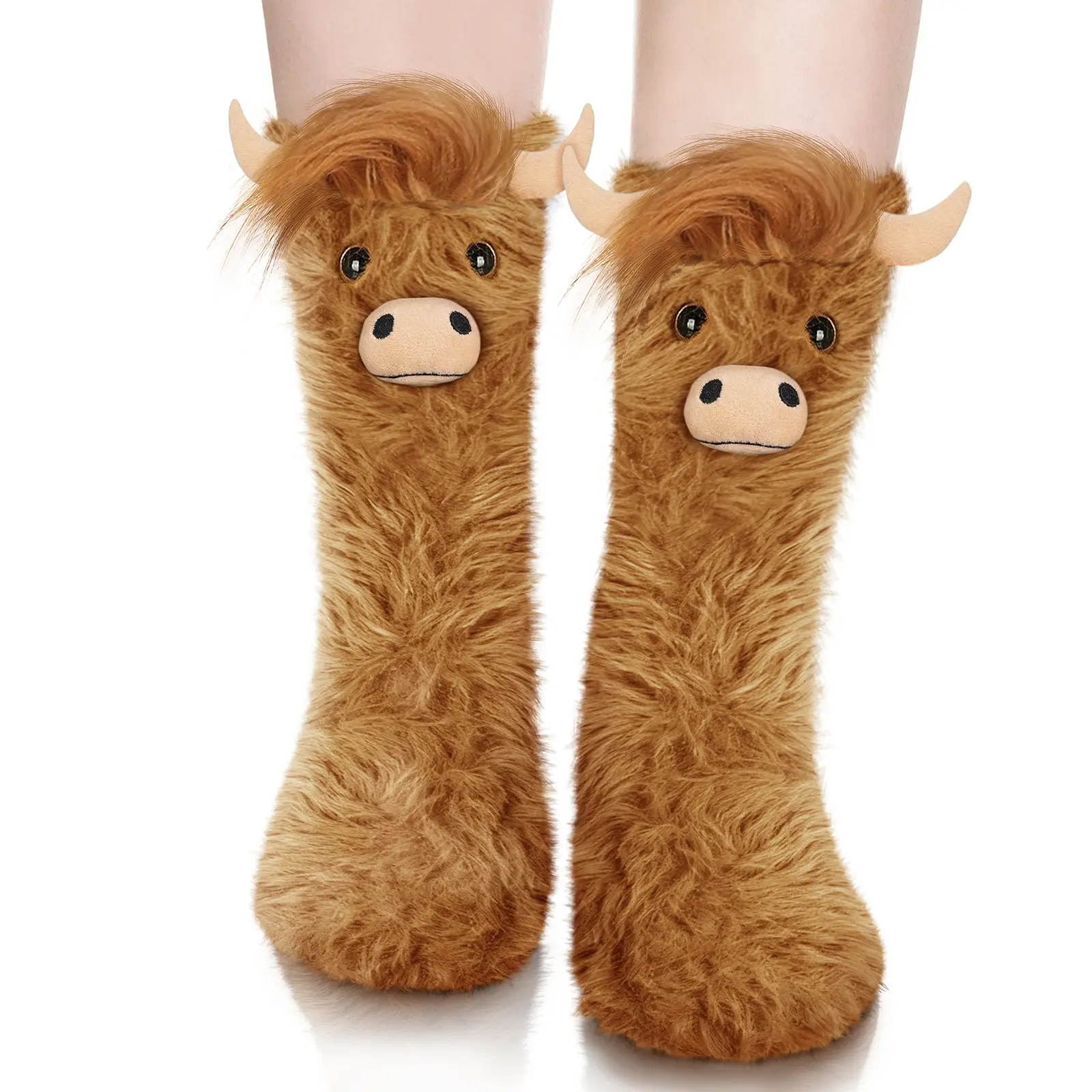 SuniSooci 3D Highland Cow Fuzzy Slipper Socks for Women Teen Girls, Funny Cozy Fluffy Animal Socks, Cute Cow Lover Birthday Gift and Christmas Stocking Stuffer