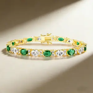 GEMSME 3x5mm Oval Green CZ Bracelet Unisex 6.5-8.5 Inches Golden Plated Chain Durable Neutral Style Cubic Zirconia Jewelry for Men Women Valentines Day Wedding Party Gift ATS63749