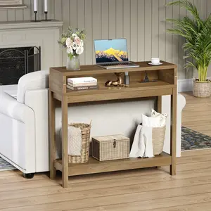 Foldable 38" Console Table with Charging Station & Storage, Side Table with Charging, Entryway Table with Anti-Tip Design,Rustic,Rustic Brown
