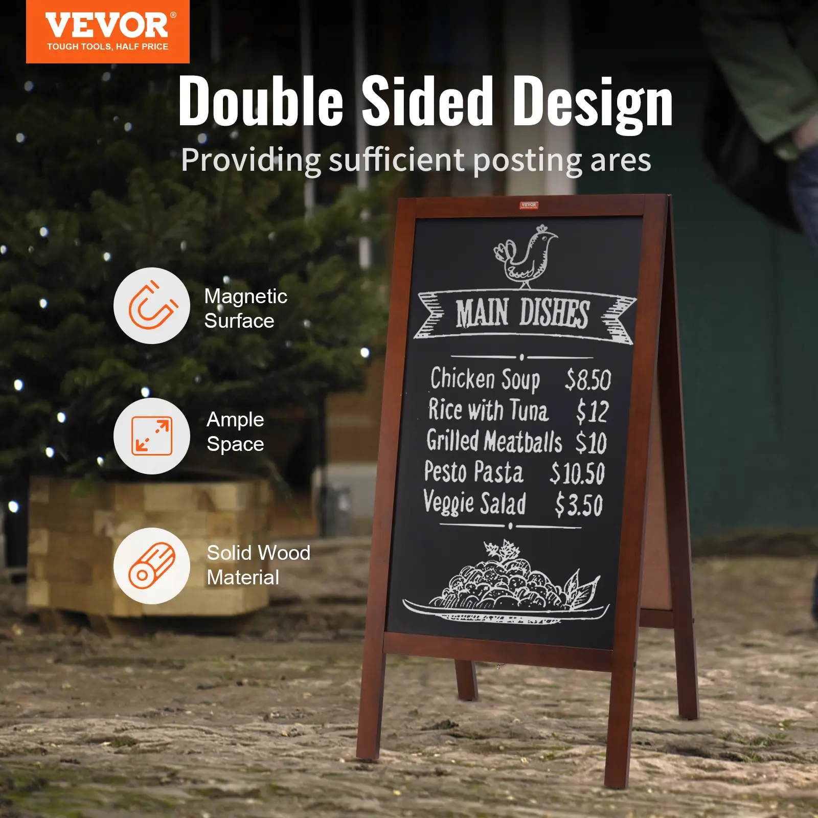 VEVOR 20"x40" Rustic Brown Vintage Wooden A-Frame Chalkboard Sign, Double-Sided Sidewalk Sandwich Board with Ample Posting Areas, Flexible Installation Options, Chalk Set, Magnetic Eraser, Premium Wall-Mounted for Home Decor, Weddings, Liquid Chalk Marker