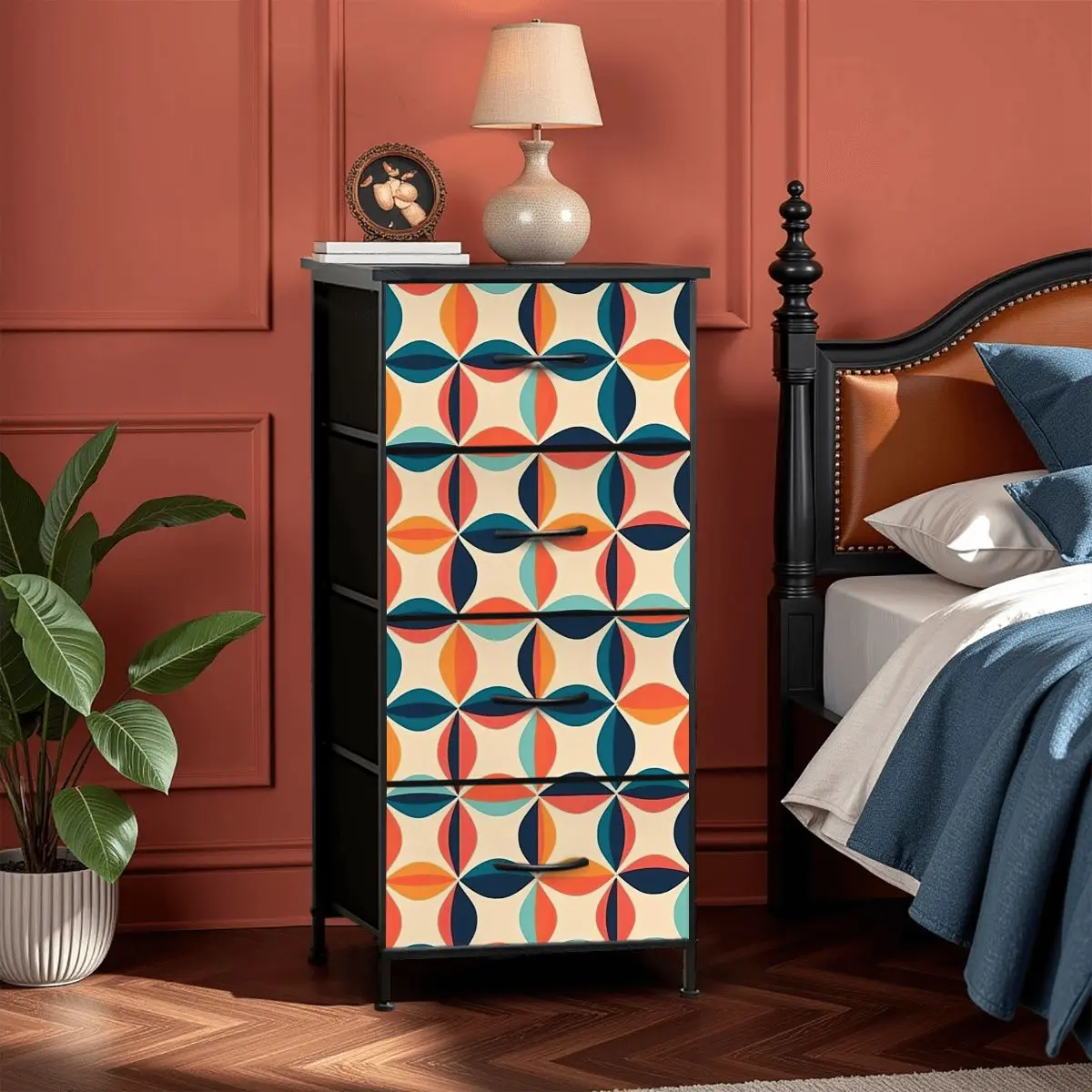Mid Century Modern Scandinavian Blue, Orange, Teal 60s Geometric Pattern 4-Drawer Dresser