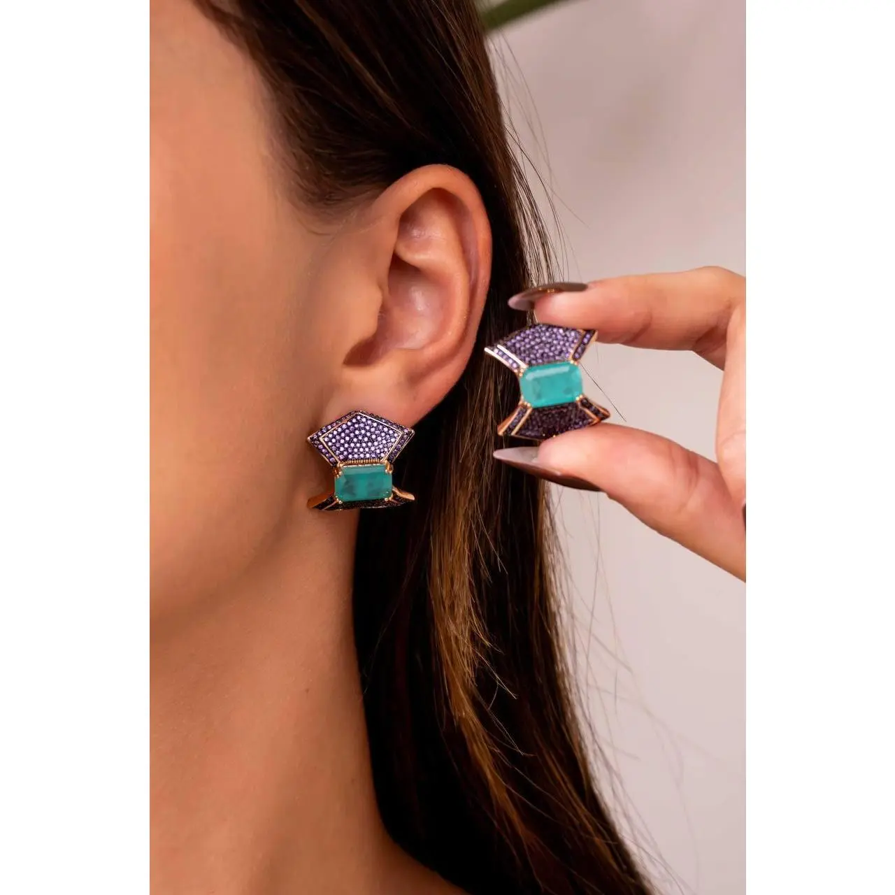 Fusion Emerald Earrings with Purple Zirconia Accents