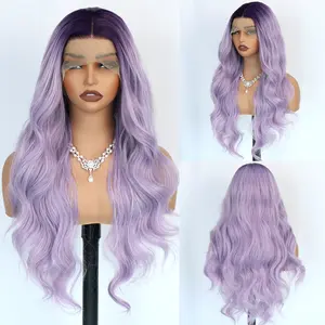 Aodbar hairs Ombre Purple Color Long Body Wavy 28 Inch Long Synthetic Wig Heat Resistant Fiber Hair Glueless Light Purple Hair for Women