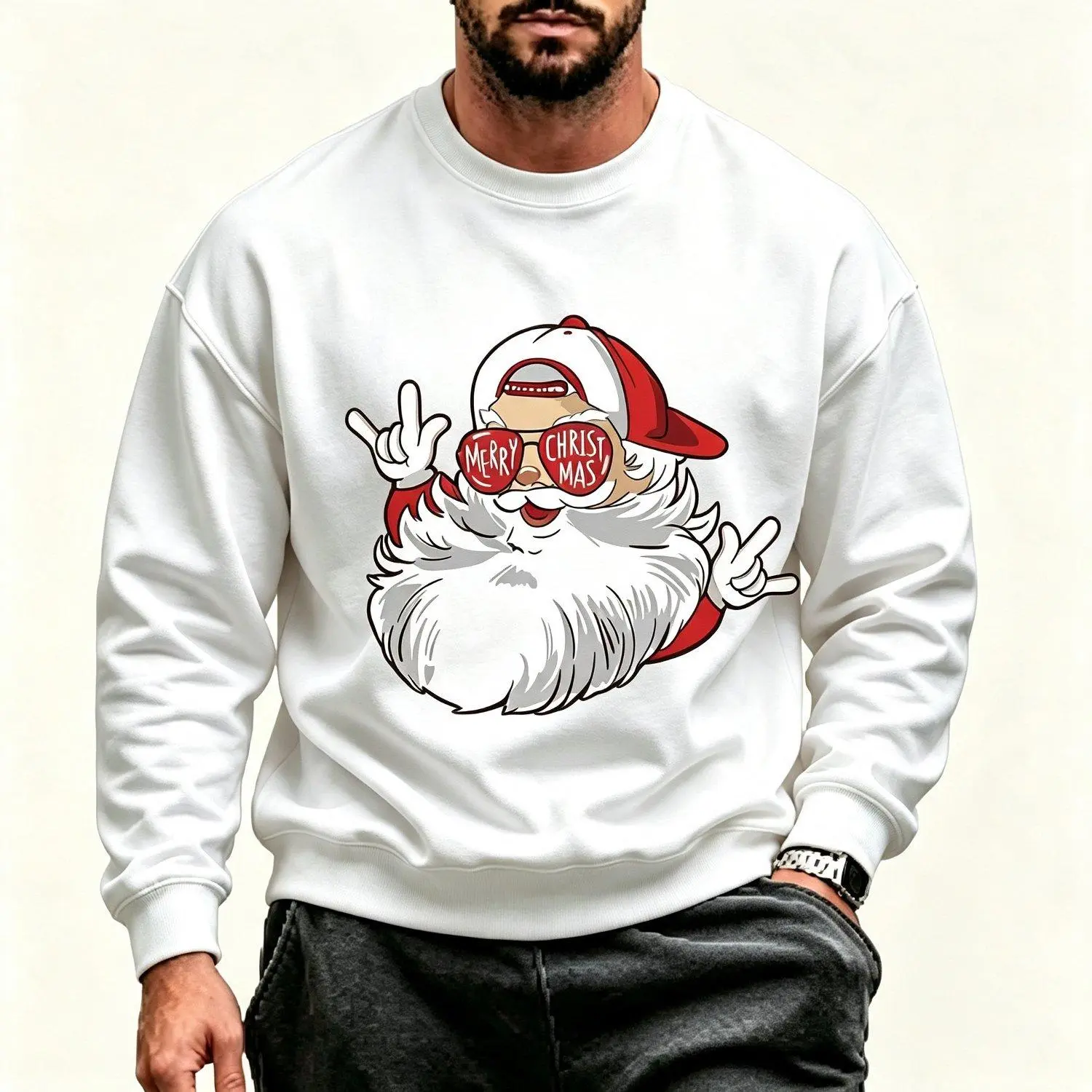 Cool Hip Hop Santa Claus Christmas Crewneck Backwards Cap Sunglasses Merry Christmas Rock Hand Graphic Pullover Streetwear Oversized Winter Holiday Top Sweatshirt Crew Neck Style